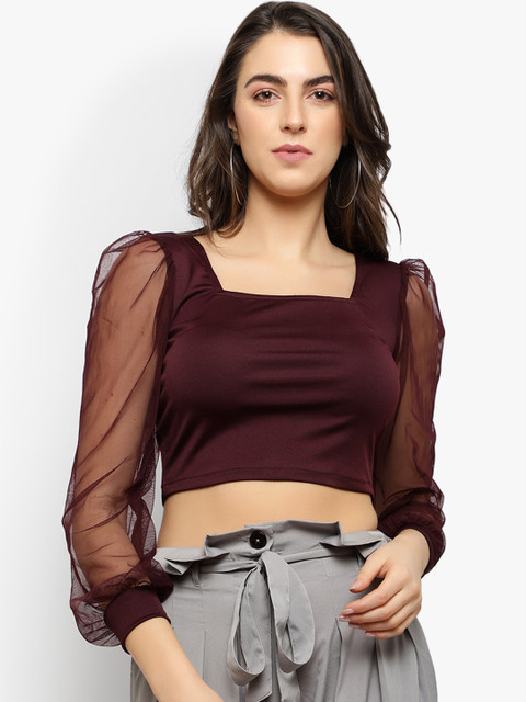 

Meee Women Burgundy Solid Crop Top