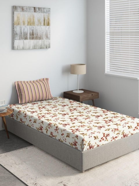 

DDecor White & Maroon Printed 144 TC Cotton 1 Single Bedsheet with 1 Pillow Covers