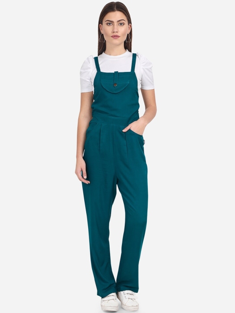 

Yuvraah Women White & Teal Green Solid T-Shirt With Dungaree
