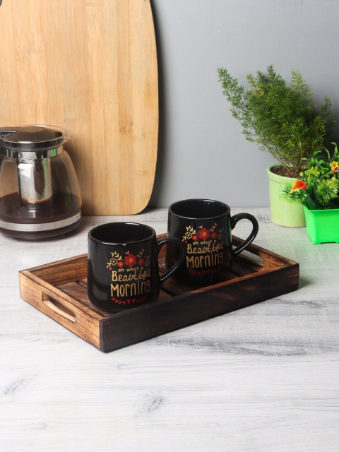 

CDI Set Of 4 Black & Beige Printed Mugs With Wooden Tray