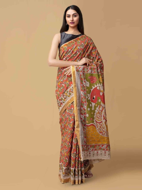 

Unnati Silks Orange & White Pure Cotton Kalamkari Printed Kota Saree