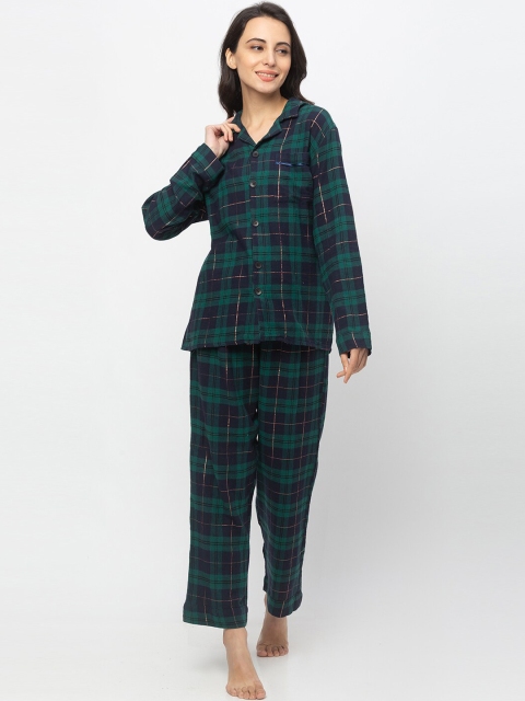 Nick&Jess Women Green & Black Checked Night Suit