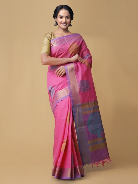 

Unnati Silks Pink Pure Cotton Printed Handloom Uppada Cotton Saree