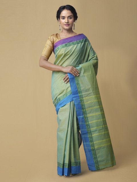 

Unnati Silks Green Cotton Solid Handloom Kanjeevaram Saree
