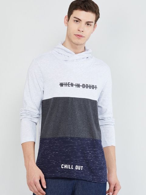 

max Men Grey & Blue Colourblocked Cowl Neck T-shirt