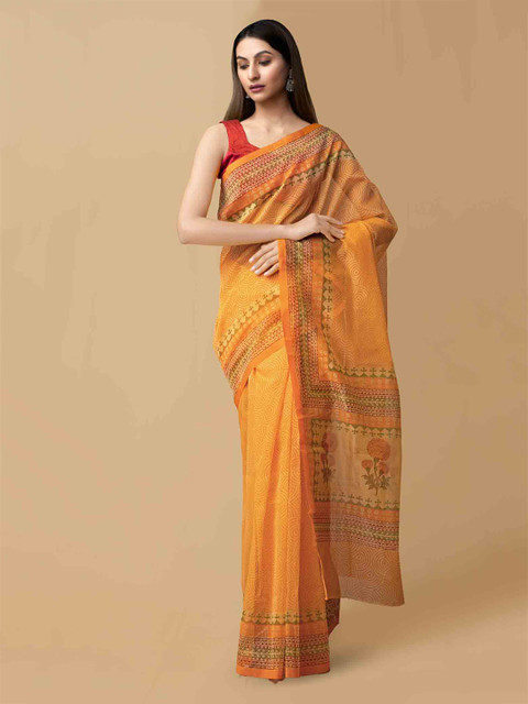 

Unnati Silks Orange Net Hand Block Printed Kota Saree
