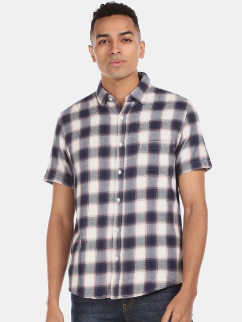 

Ruggers Men Off-White & Navy Blue Regular Fit Checked Cotton Casual Shirt
