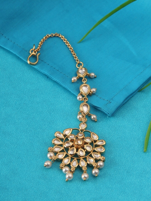 

Adwitiya Collection Gold-Plated White Stone-Studded Beaded Maang Tikka