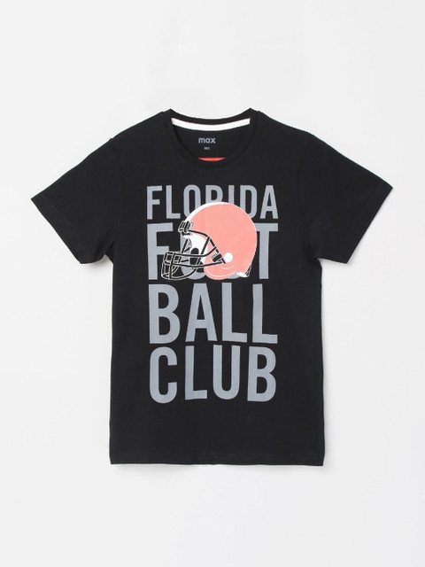 

max Boys Black Printed Cotton Round Neck T-shirt