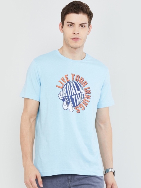 max Men Blue Printed Round Neck T-shirt