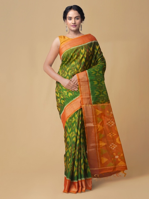 

Unnati Silks Women Green & Orange Pure Handloom Pochampally Silk Cotton Sustainable Saree