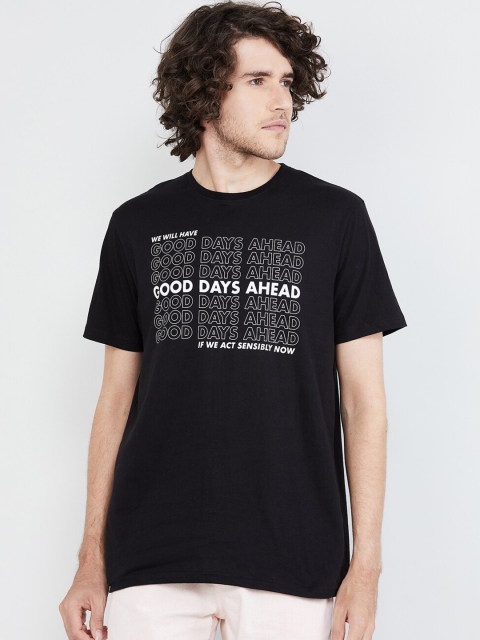 

max Men Black Printed Round Neck Cotton T-shirt