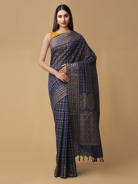 

Unnati Silks Blue Pure Cotton Checked Mysore Silk Saree