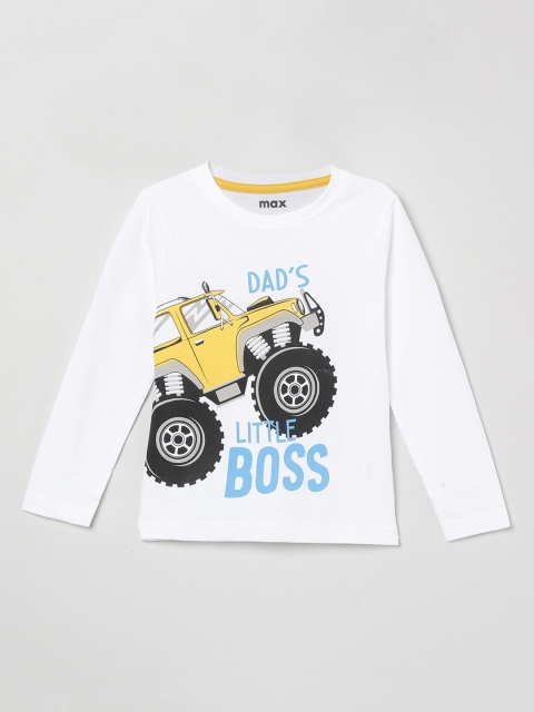 

max Boys White Printed Round Neck Cotton T-shirt