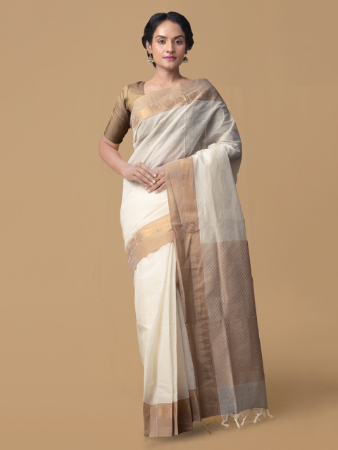 Unnati Silks White & Gold-Toned Pure Cotton Solid Mysore Silk Handloom Saree