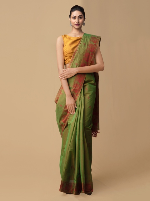 

Unnati Silks Green Pure Cotton Woven Design Handloom Mysore Silk Saree