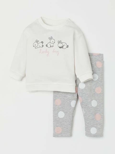 

H&M Women Off White & Grey 2 Piece Printed Set