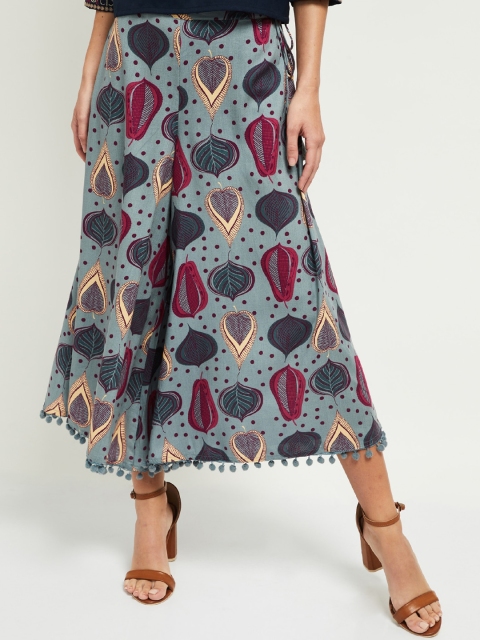 

max Women Grey & Maroon Printed Flared Palazzos