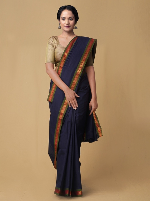 

Unnati Silks Navy Blue Pure Cotton Handcrafted Solid Venkatgiri Saree