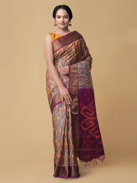 

Unnati Silks Beige & Pink Silk Blend Woven Design Handloom Pochampally Saree