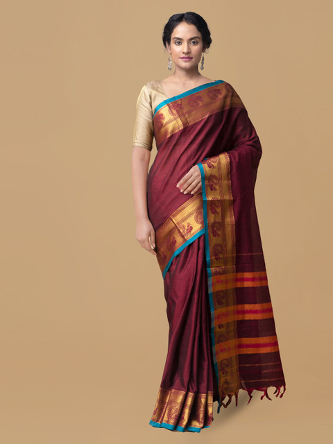 

Unnati Silks Maroon Pure Cotton Solid Pure Handloom Narayanpet Cotton Saree