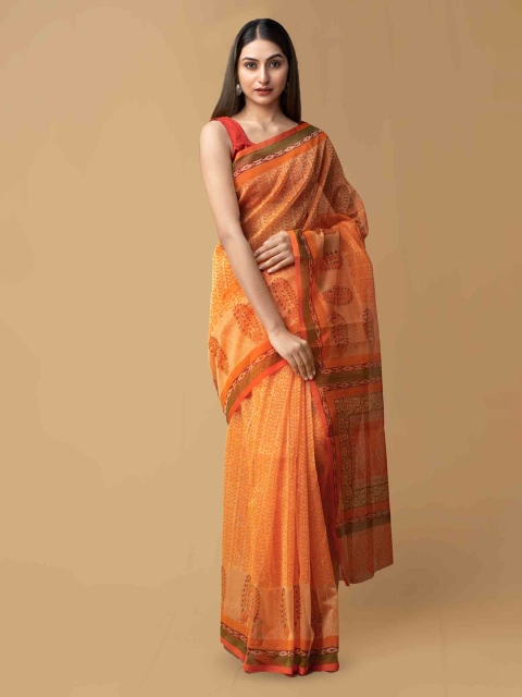 

Unnati Silks Orange & Red Net Hand Block Printed Kota Saree