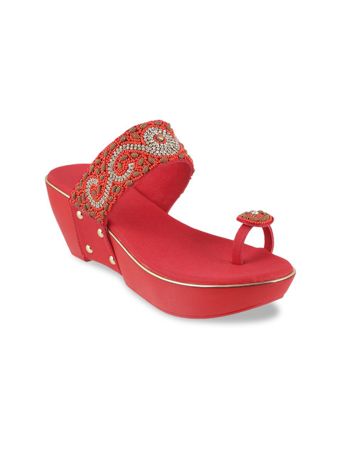 

Metro Women Red & Gold-Toned Embellished Wedges