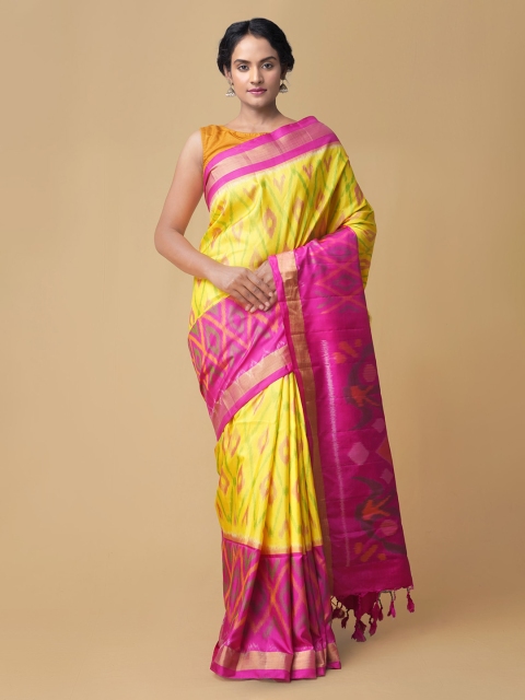 

Unnati Silks Yellow Silk Blend Printed Pochampally Saree