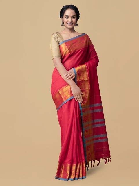 

Unnati Silks Red & Gold-Coloured Pure Cotton Woven Design Handloom Narayan Peth Saree
