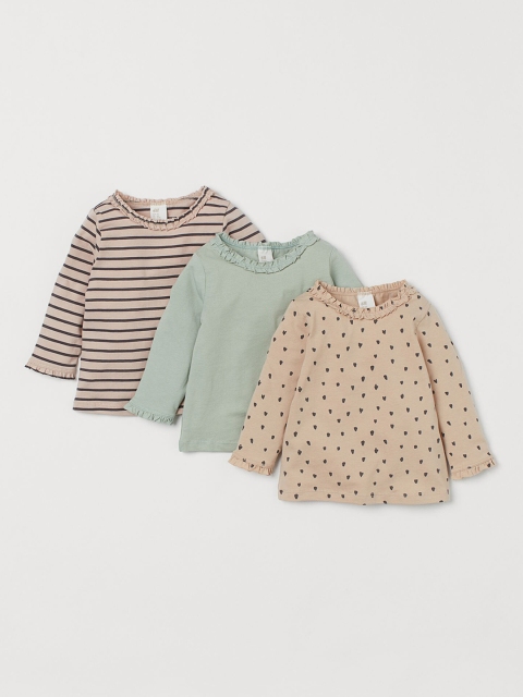 

H&M Girls Green Printed 3-Pack Frilled Tops, Beige