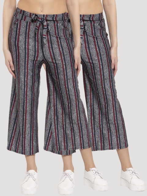 

KLOTTHE Women Pack Of 2 Grey & Maroon Striped Wide Leg Palazzos