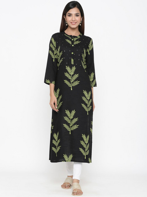 

kipek Women Black Printed Straight Kurta
