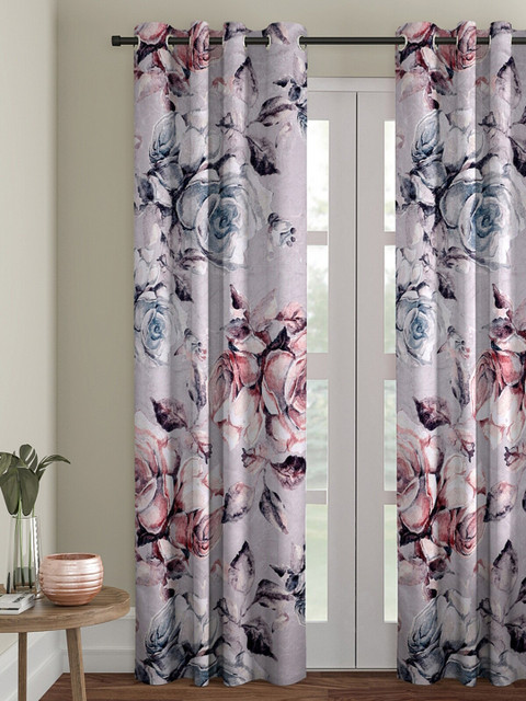 

ROMEE Grey & Pink Floral Printed Velvet Single Room Darkening Door Curtain