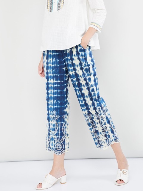 

max Women Blue & White Tie & Dye Cropped Straight Palazzo
