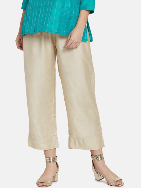 

Go Colors Women Beige Solid Silk Wide-Leg Palazzo