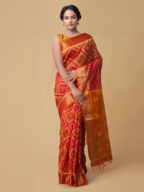 

Unnati Silks Orange Silk Blend Printed Handloom Pochampally Saree
