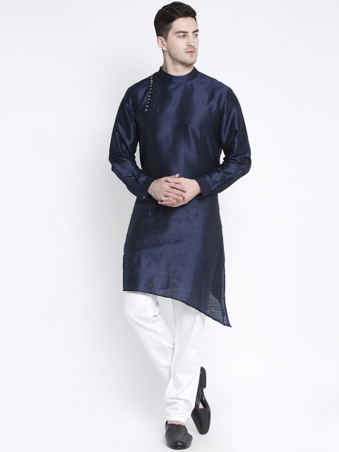 

MAXENCE Men Navy Blue & White Solid Angrakha Kurta with Trousers