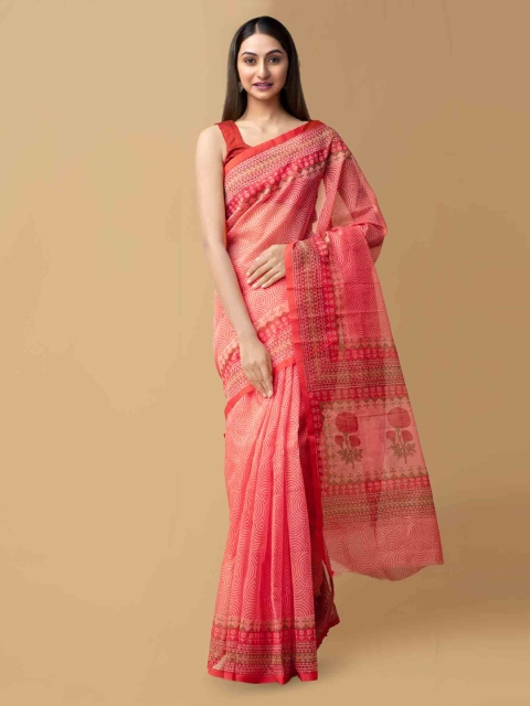 Unnati Silks Red Net Printed Kota Saree