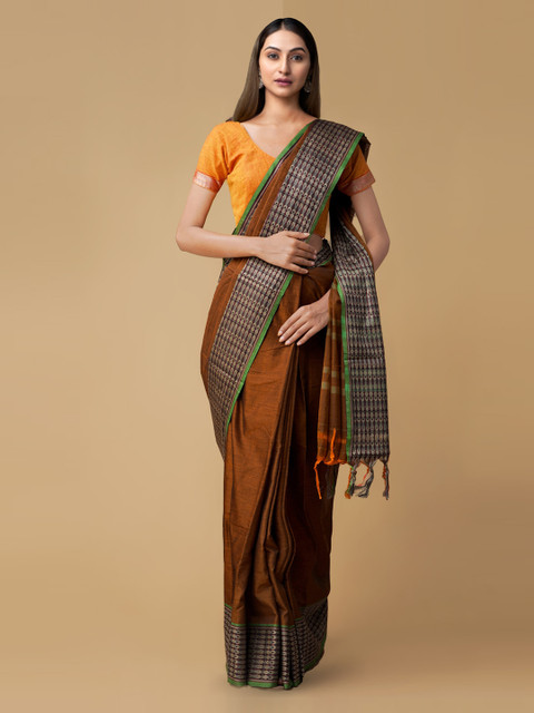 

Unnati Silks Brown Pure Cotton Solid Handloom Narayan Peth Saree