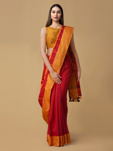 

Unnati Silks Red & Yellow Linen Blend Printed Jamdani Handloom Saree