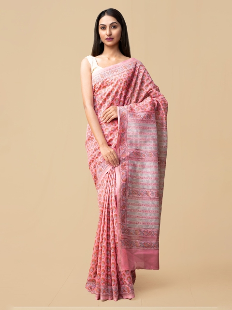 

Unnati Silks Pink Pure Cotton Printed Chanderi Saree