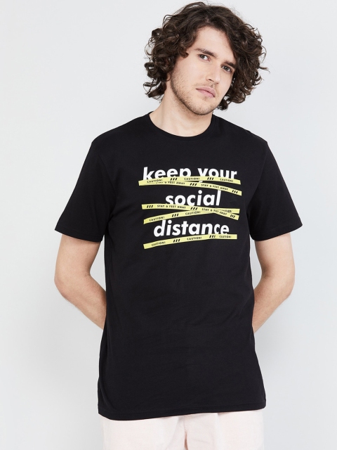 

max Men Black Printed Round Neck T-shirt