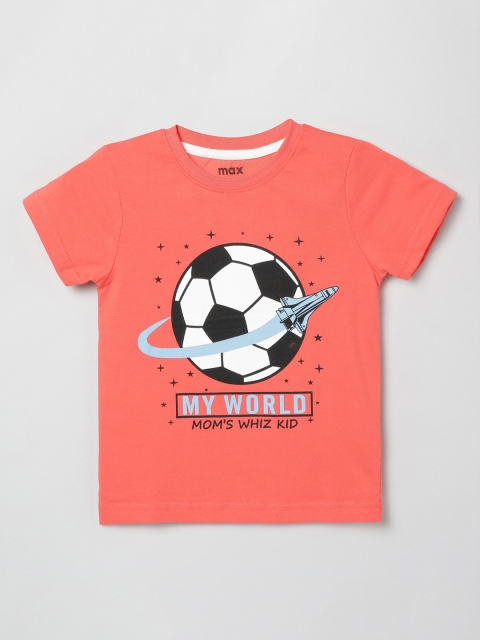 

max Boys Coral Pink Printed Round Neck Cotton Pure Cotton T-shirt