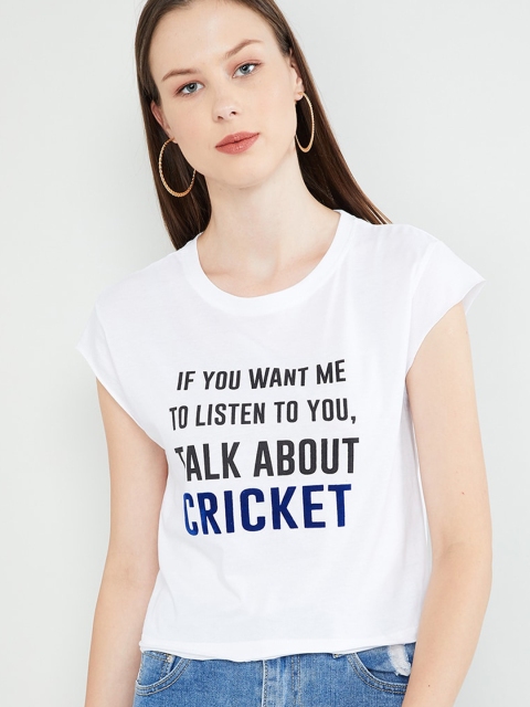 

max Women White Printed Round Neck T-shirt