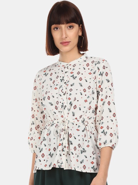 

Cherokee Women Off-White Printed Cinched Waist Top