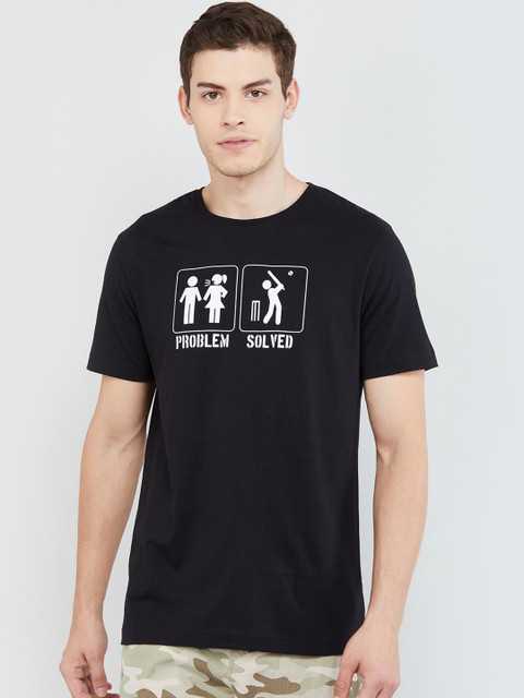 

max Men Black Printed Round Neck T-shirt