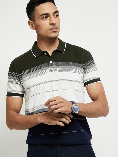 

max Men Olive Green Striped Polo Collar T-shirt