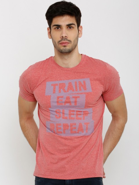 

Rex Straut Jeans Men Coral Pink Printed Round Neck T-shirt