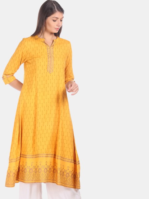 

Anahi Women Mustard Printed A-Line Kurta