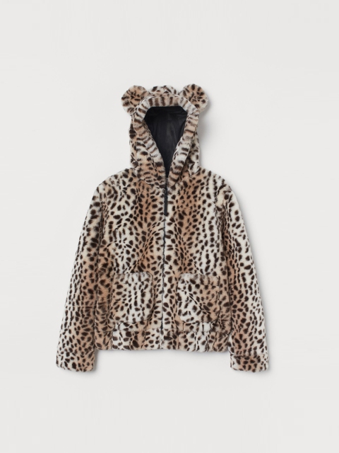 

H&M Girls Brown & Black Printed Hooded Faux Fur Jacket